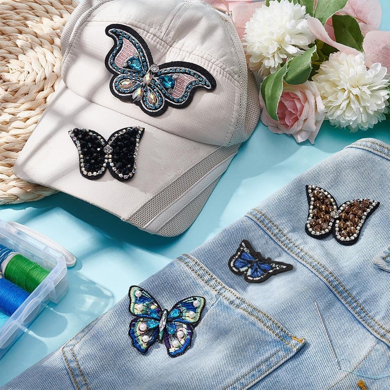 AHANDMAKER 5Pcs Rhinestone Butterfly Beaded Applique Patches, 5 Style Butterfly Sew On Rhinestone Beaded Patches Decorative Applique Patch for DIY Craft Party Dress Jeans Jackets Clothing Accessory - Image 5